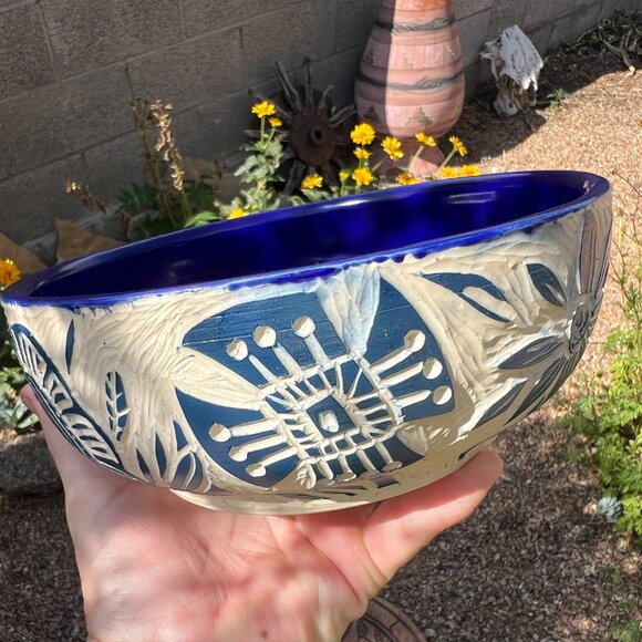 Blue and White Carved Floral Pottery Bowl Handmade - Picture 2 of 8